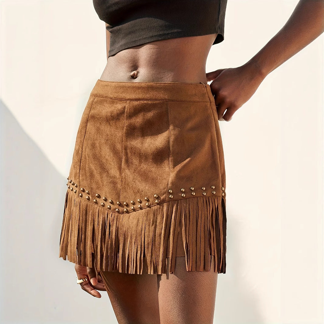 Elegant Vacation Style Women’s Suede Fringe Rivet Design Short Skirt - 4
