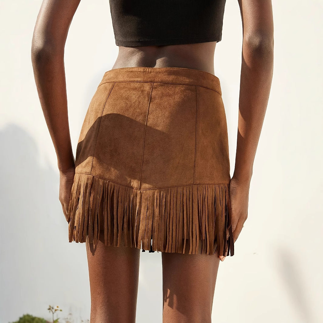 Elegant Vacation Style Women’s Suede Fringe Rivet Design Short Skirt - 4