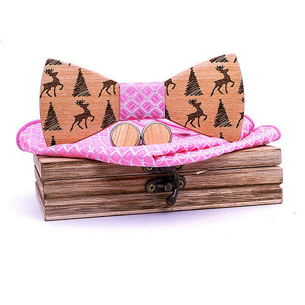 Christmas gift elk design wooden bow tie - Pink