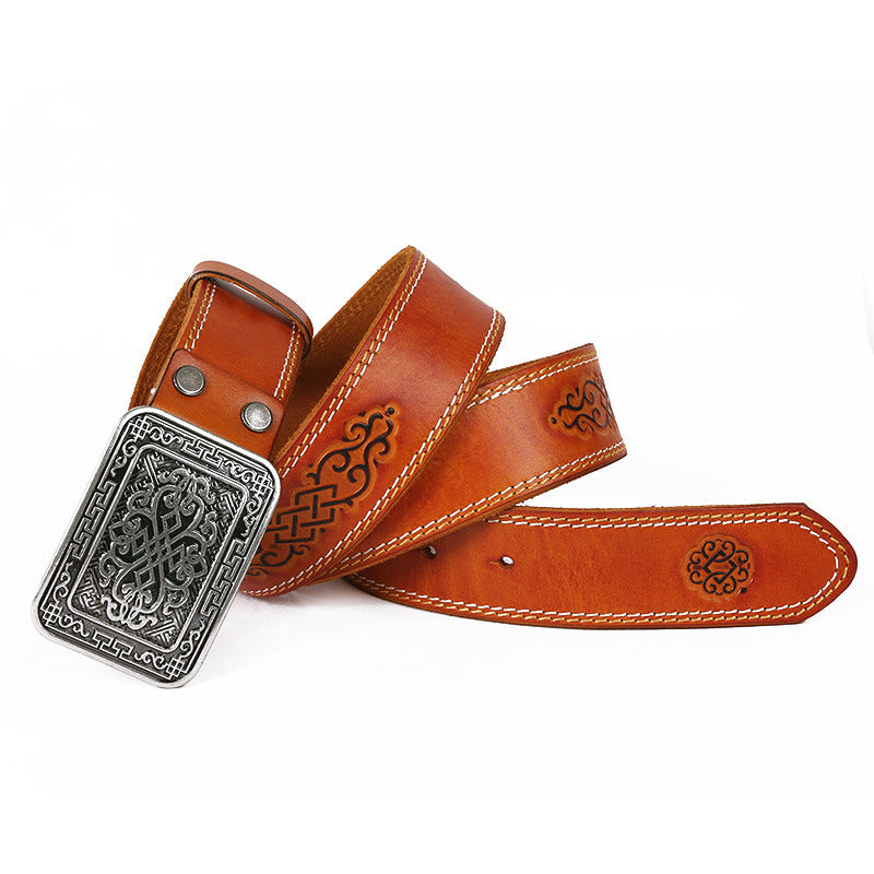 Auspicious Pattern Embossing Of Men’s And Women’s Belts - Brown yellow