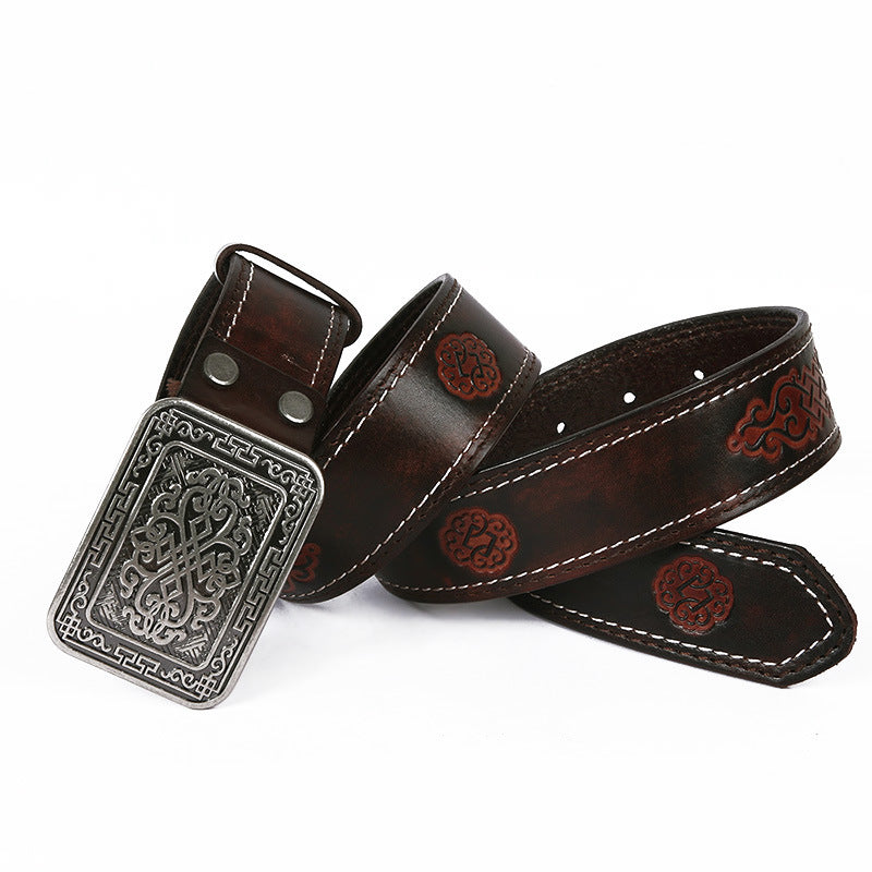 Auspicious Pattern Embossing Of Men’s And Women’s Belts - Dark brown