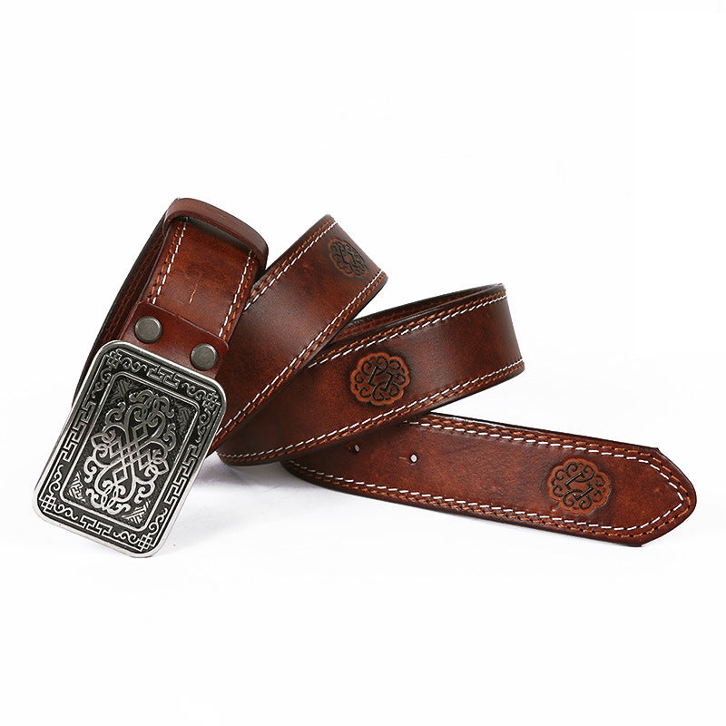 Auspicious Pattern Embossing Of Men’s And Women’s Belts - Light Brown