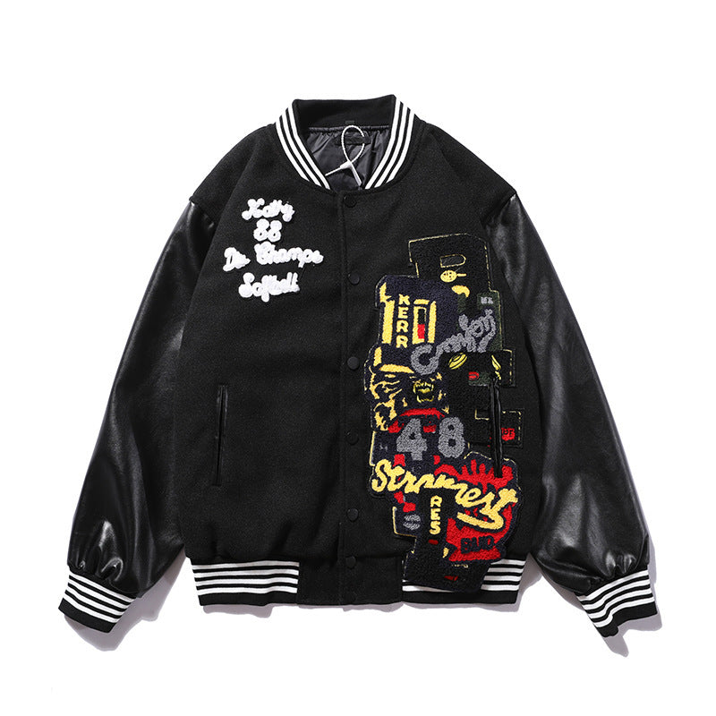 Embroidered Baseball Uniform Men’s Stand-Up Collar Quilted Jacket - Black / XL