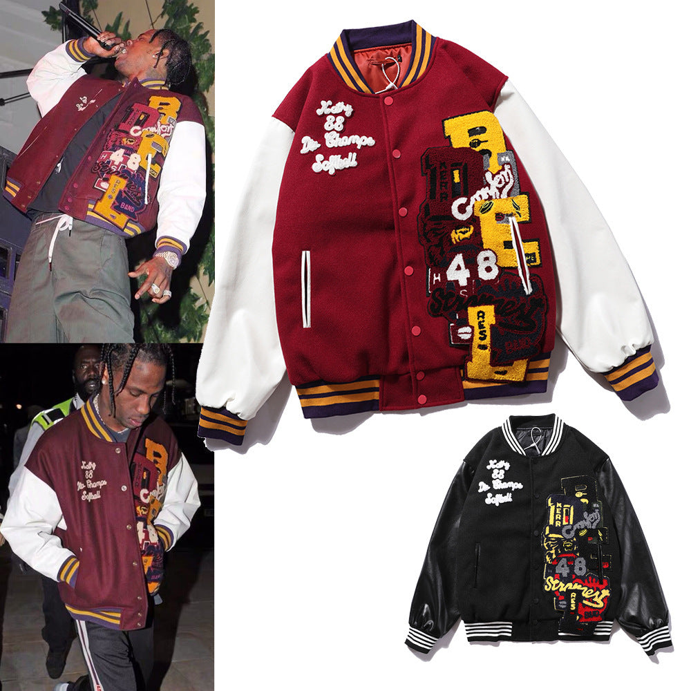 Embroidered Baseball Uniform Men’s Stand-Up Collar Quilted Jacket