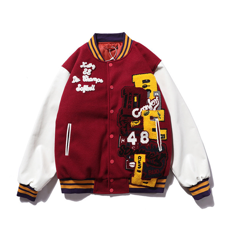 Embroidered Baseball Uniform Men’s Stand-Up Collar Quilted Jacket - Red / L