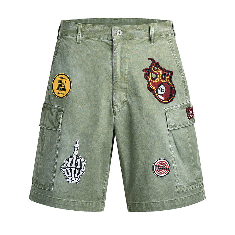 Vintage Worn Looking Washed-out Embroidered Cargo Shorts - Army Green / S