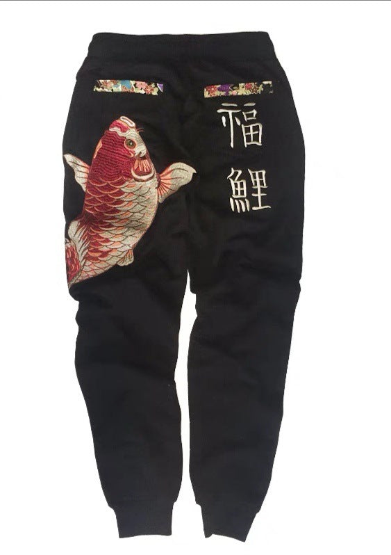 Men’s Sweatpants Style Embroidered Cotton Pants - Black / M