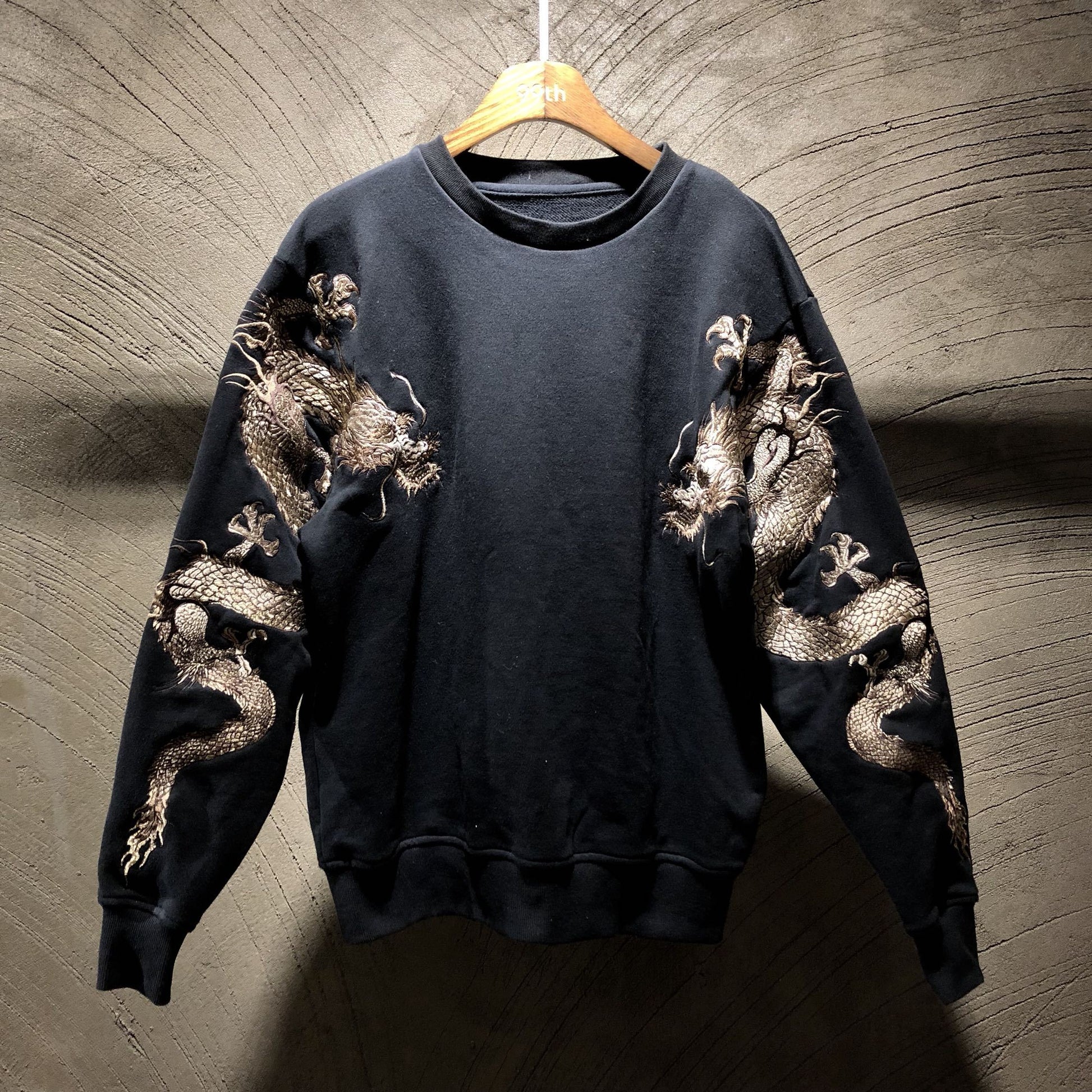 Men’s embroidered crew neck sweatshirt with double arms - Black / M