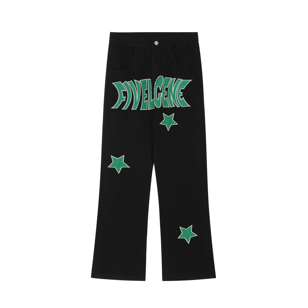 European And American Letter Patch Embroidery Denim Trousers Men - Black / S