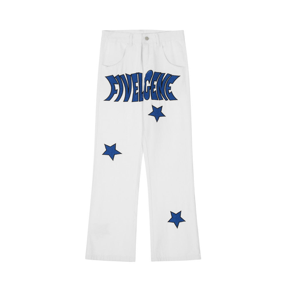 European And American Letter Patch Embroidery Denim Trousers Men - White / S