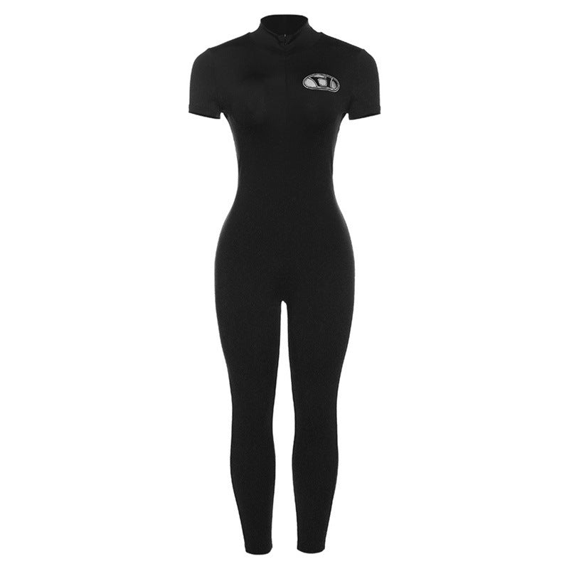 Embroidered High Waist Tight Sports Fitness Jumpsuit - Black / S