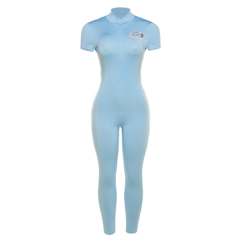 Embroidered High Waist Tight Sports Fitness Jumpsuit - Blue / S