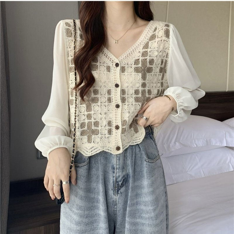 Hollow Lace Shirt Spring Fashion Long Sleeve Stitching - Khaki Long Sleeve / M