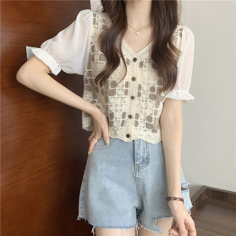 Hollow Lace Shirt Spring Fashion Long Sleeve Stitching - Khaki Short Sleeve / M