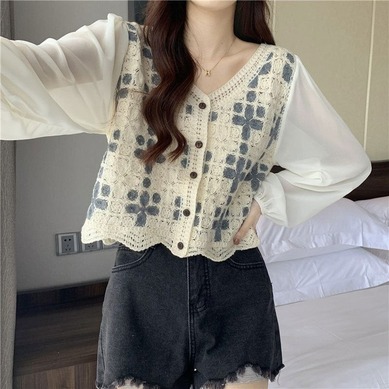 Hollow Lace Shirt Spring Fashion Long Sleeve Stitching - Light Gray Long Sleeve / M