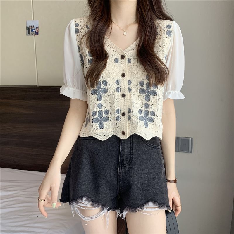 Hollow Lace Shirt Spring Fashion Long Sleeve Stitching - Light Gray Short Sleeve / M