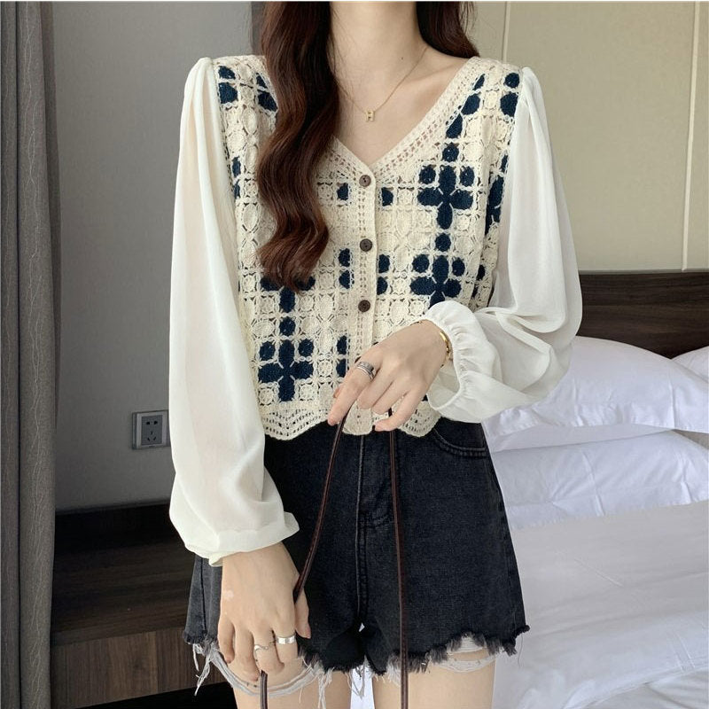 Hollow Lace Shirt Spring Fashion Long Sleeve Stitching - Navy Blue Long Sleeve / M