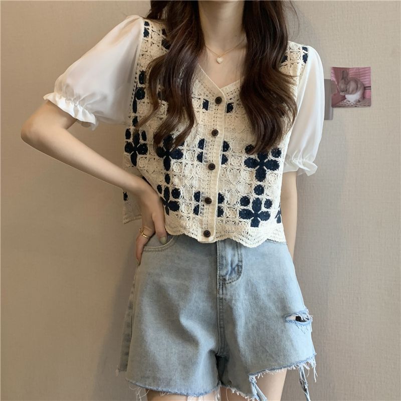 Hollow Lace Shirt Spring Fashion Long Sleeve Stitching - Navy Blue Short Sleeve / M