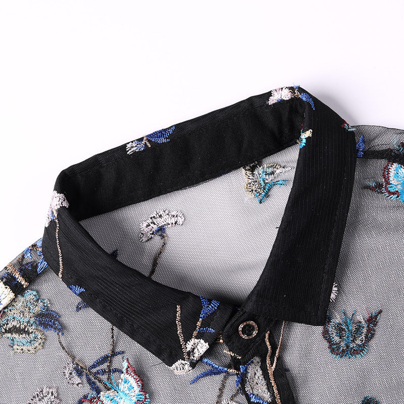 Men’s Short-sleeved Floral Thin Hollow Non-iron Ice Silk Shirt
