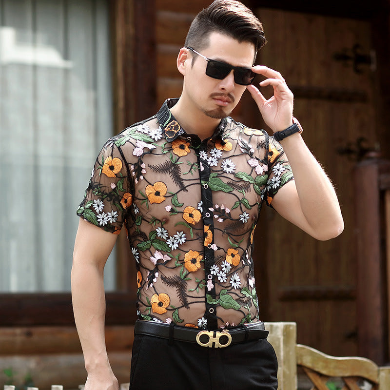 Men’s Short-sleeved Floral Thin Hollow Non-iron Ice Silk Shirt - Green / M