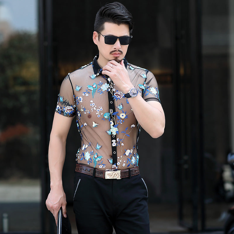 Men’s Short-sleeved Floral Thin Hollow Non-iron Ice Silk Shirt - Three blue birds / M