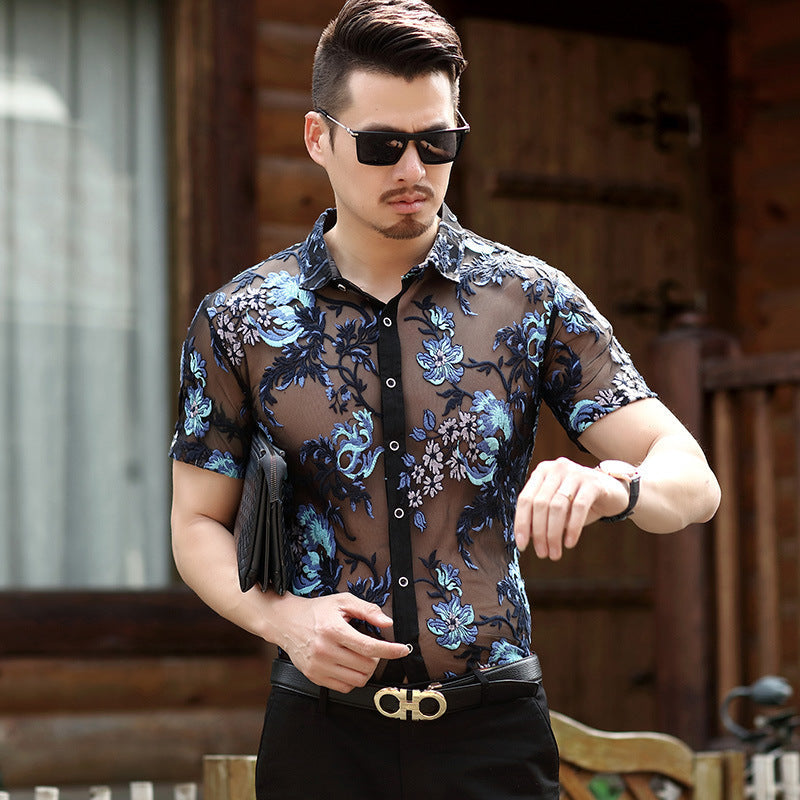 Men’s Short-sleeved Floral Thin Hollow Non-iron Ice Silk Shirt - Two blue flowers / M