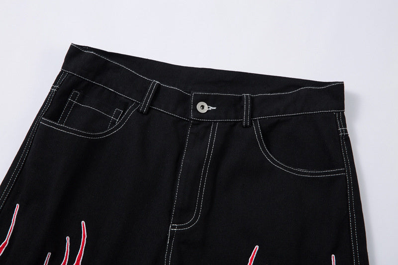 High Street Contrast Color Thorn Embroidery Wide Leg Casual Trousers