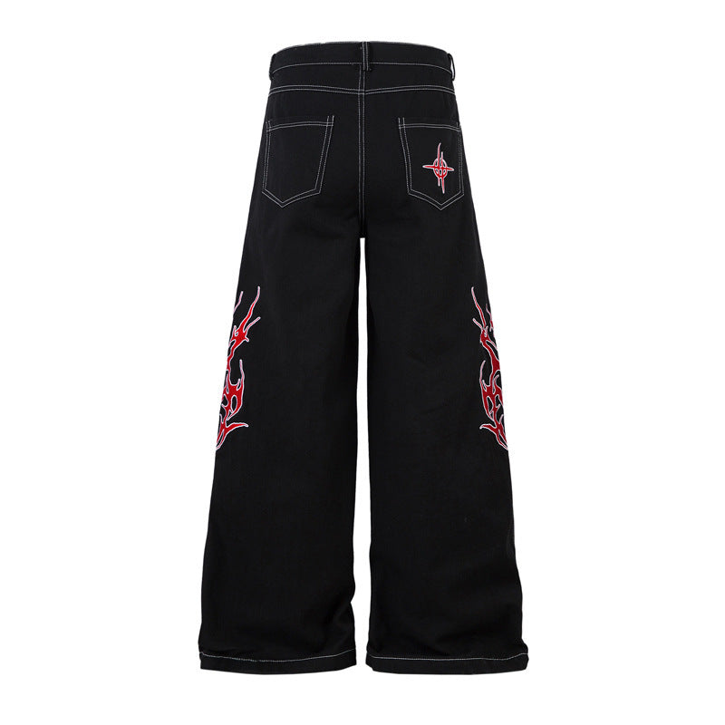 High Street Contrast Color Thorn Embroidery Wide Leg Casual Trousers