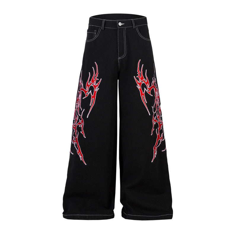 High Street Contrast Color Thorn Embroidery Wide Leg Casual Trousers - Black / M