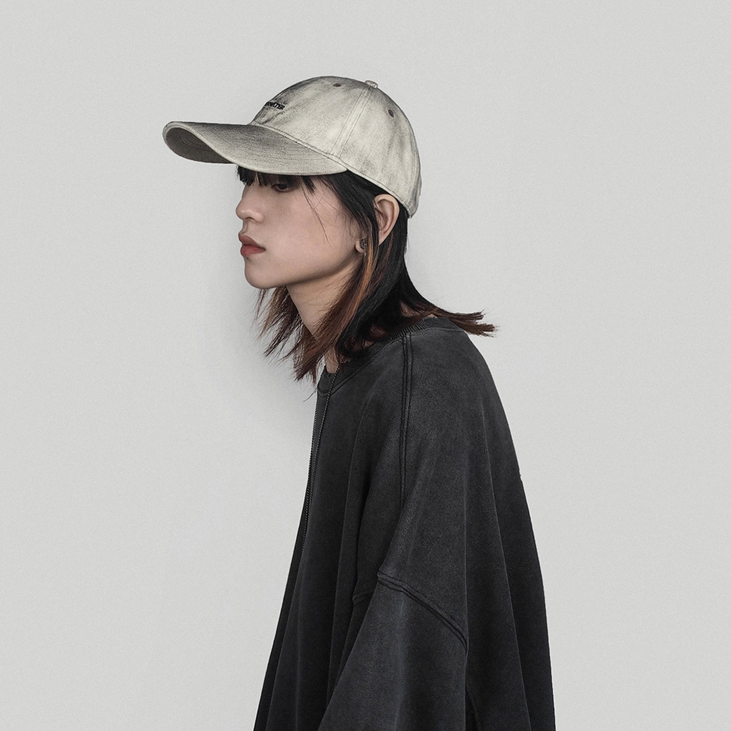 Embroidery Washed And Old Inkjet Canvas Bent Brim Hat Baseball Cap - White