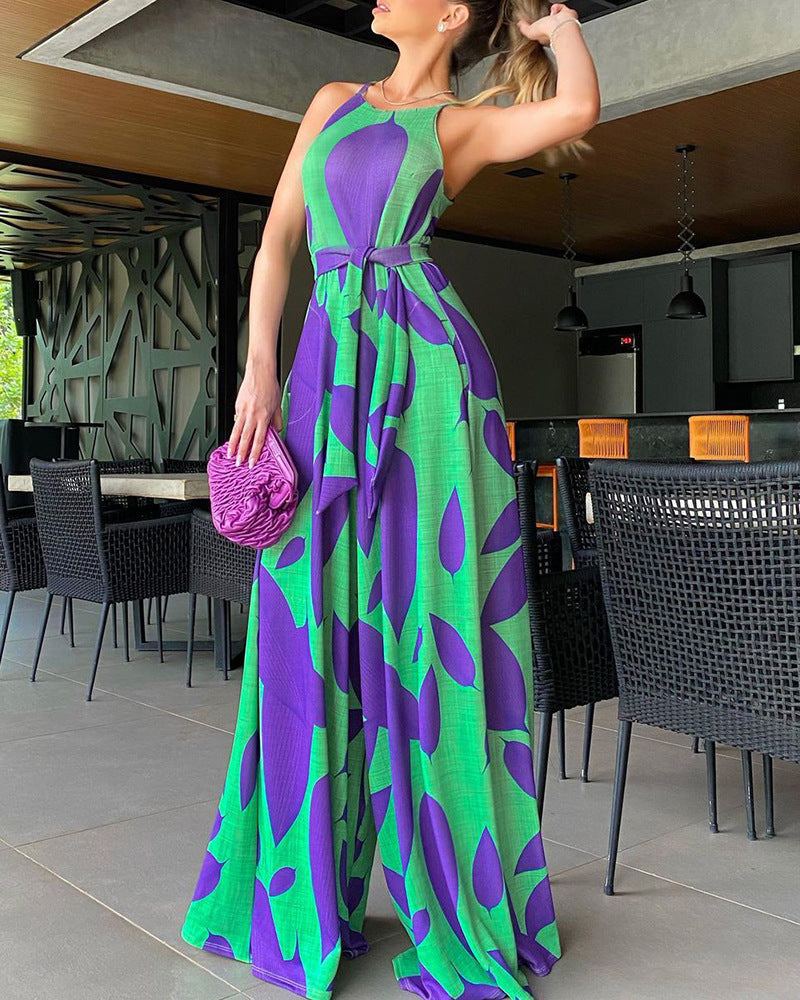 Green Printing Casual Lace Up Jumpsuit - Green / S