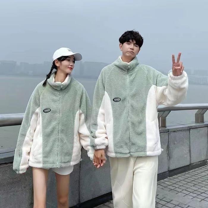 Mint Green Stitching Berber Fleece Coat Men And Women - Green / S