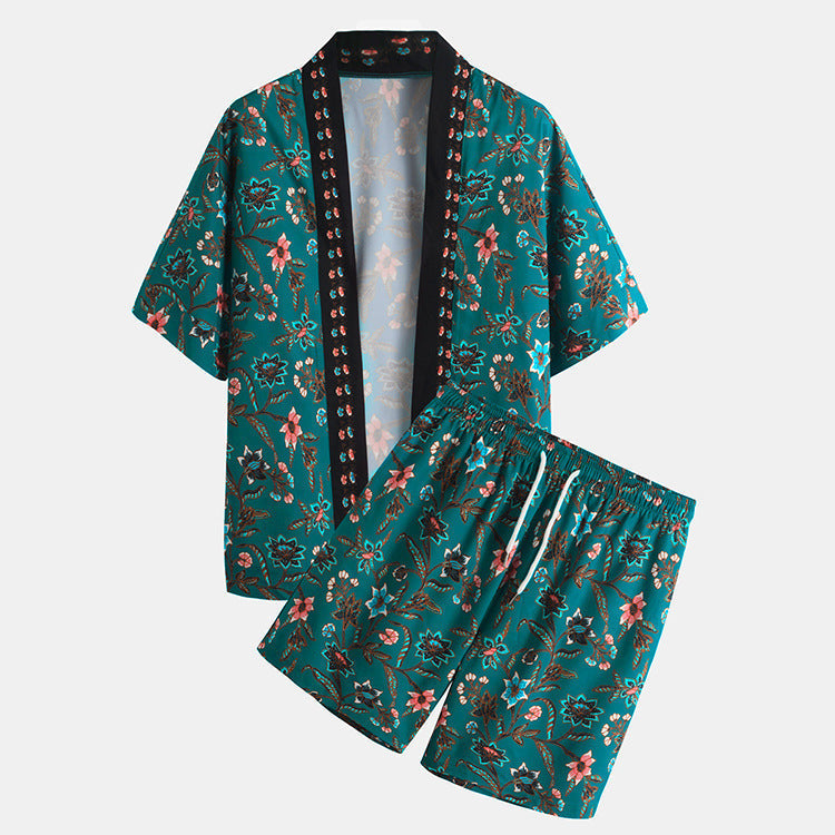 Men’s Beach Style Casual Short Sleeve Shirt Pants Set - Green / S