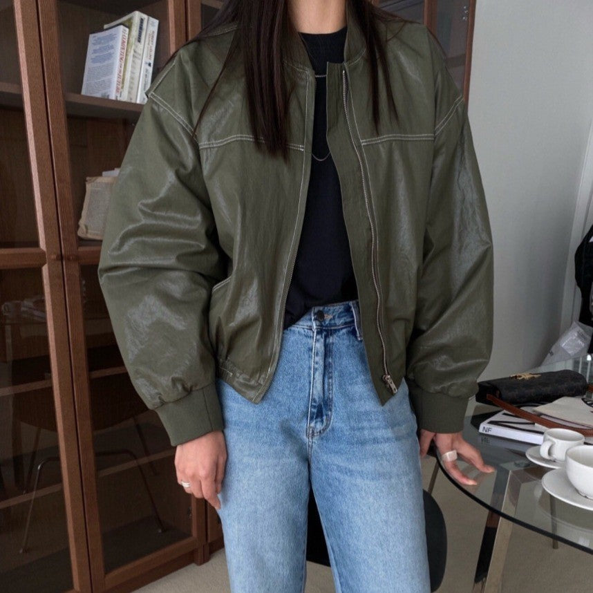 Loose Long Sleeve Leather Jacket Coat Women - Dark Green / Free Size