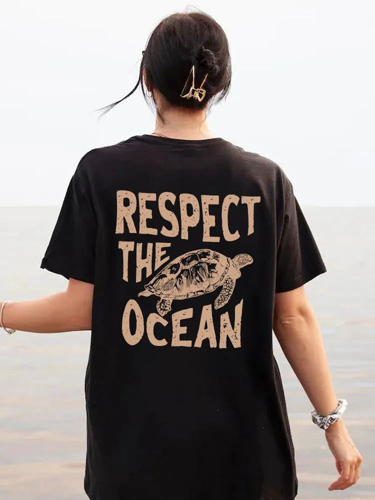 Women’s Casual Fashionable Breathable Turtle Printed Short Sleeve - Black / S