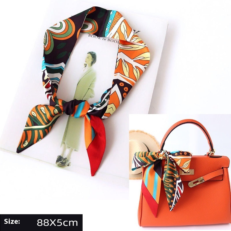 Ribbon Thin Narrow Bag Handle Scarves Decoration - Black And Orange Color