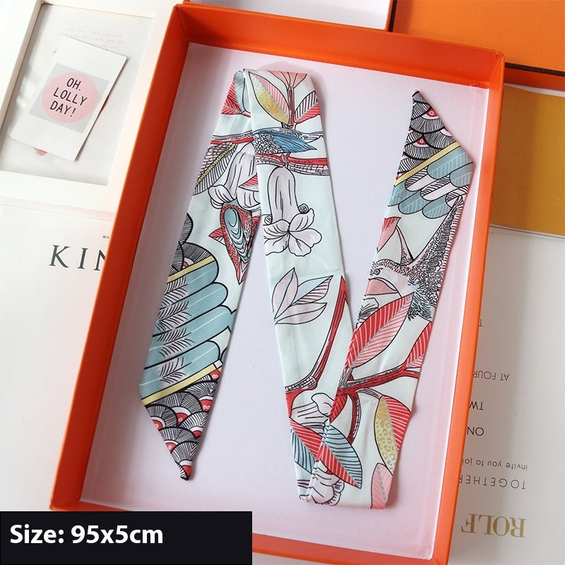 Ribbon Thin Narrow Bag Handle Scarves Decoration - Light Blue Branches