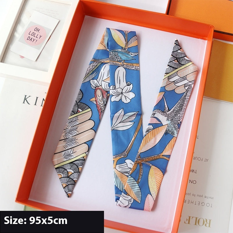 Ribbon Thin Narrow Bag Handle Scarves Decoration - Royal Blue Tree Branches