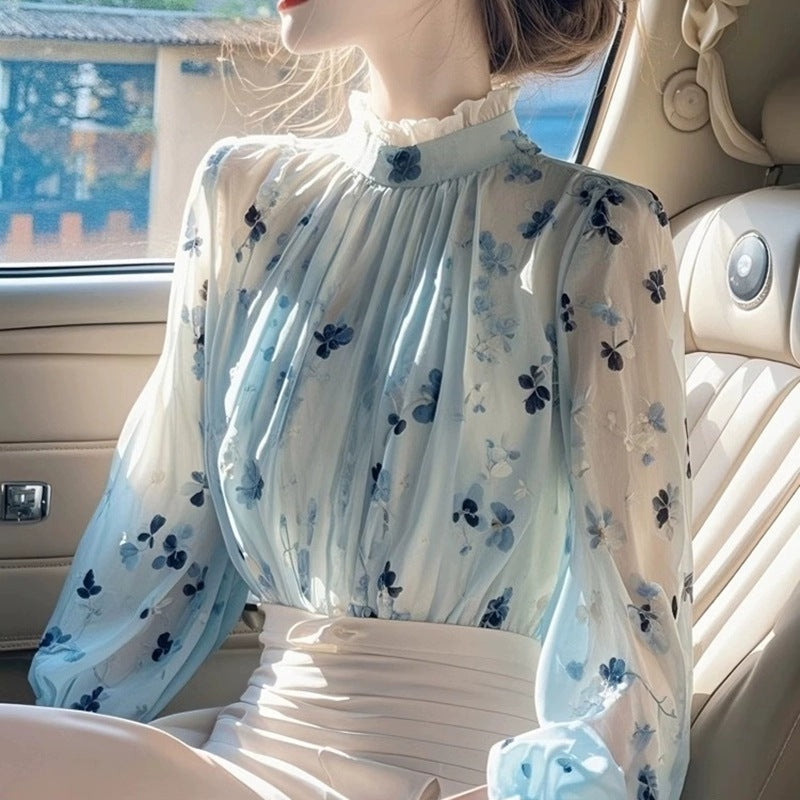 Beautiful Small Shirt High-grade Blue Printed Shirt