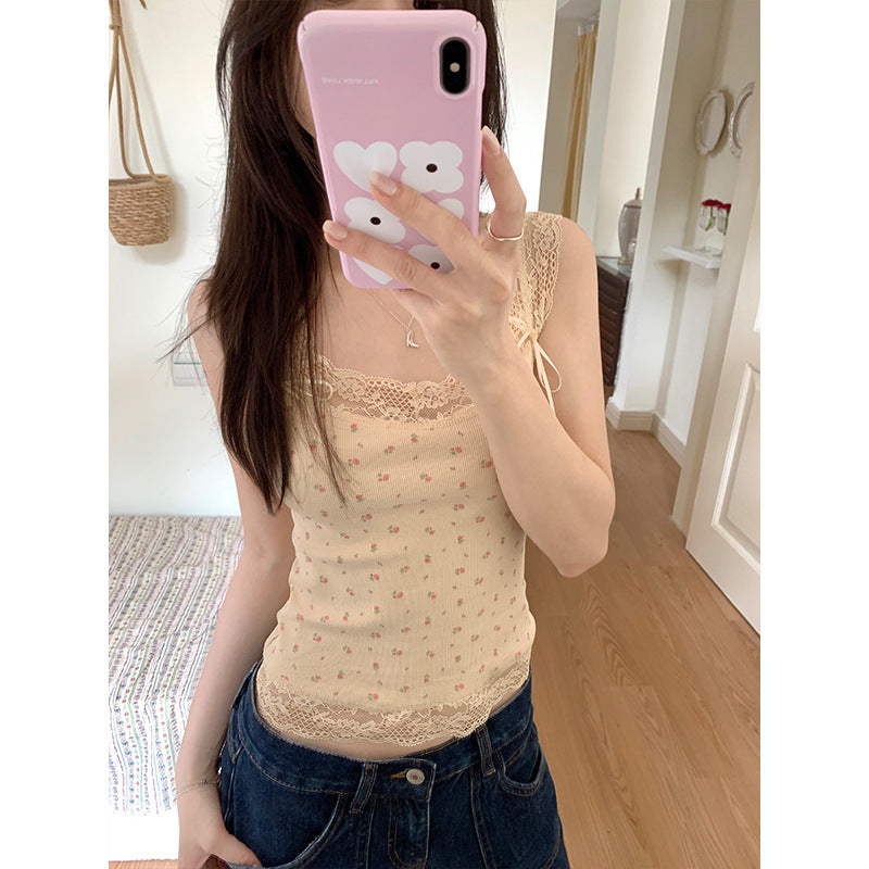 Sweet And Spicy Lace Stitching Floral Slim-fitting Suspenders Vest - Apricot Base Pink Flower / Free Size