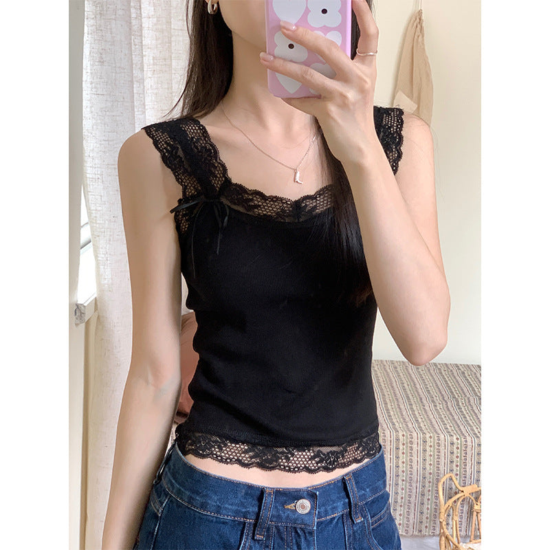 Sweet And Spicy Lace Stitching Floral Slim-fitting Suspenders Vest - Black / Free Size