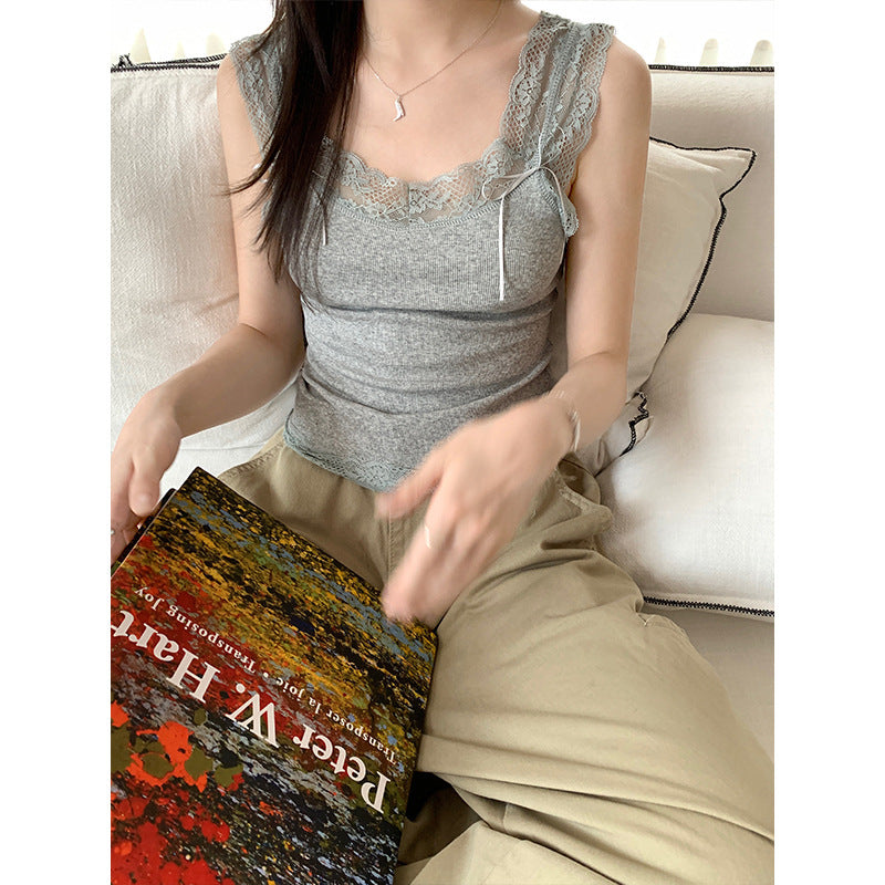 Sweet And Spicy Lace Stitching Floral Slim-fitting Suspenders Vest - Gray / Free Size