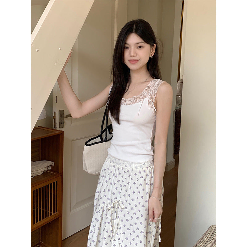 Sweet And Spicy Lace Stitching Floral Slim-fitting Suspenders Vest - White / Free Size