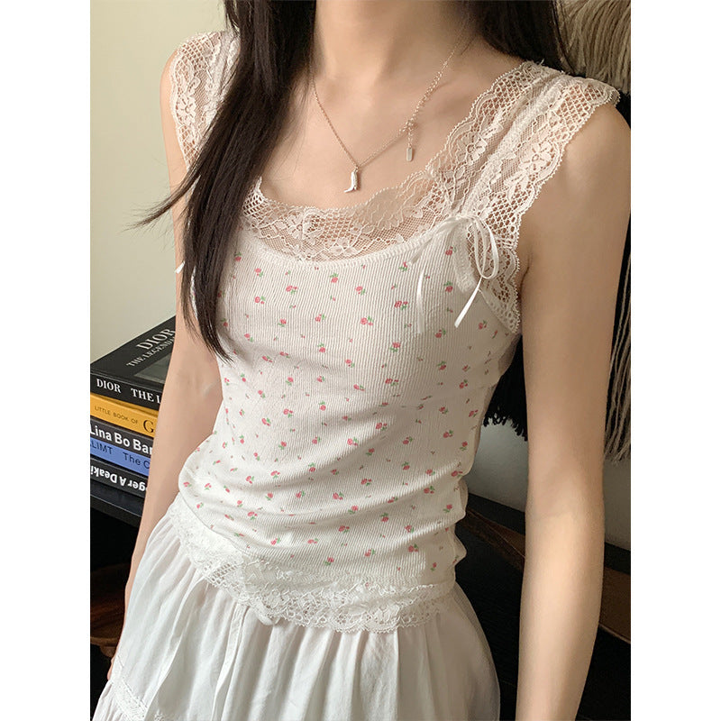 Sweet And Spicy Lace Stitching Floral Slim-fitting Suspenders Vest - White Pink Flower / Free Size