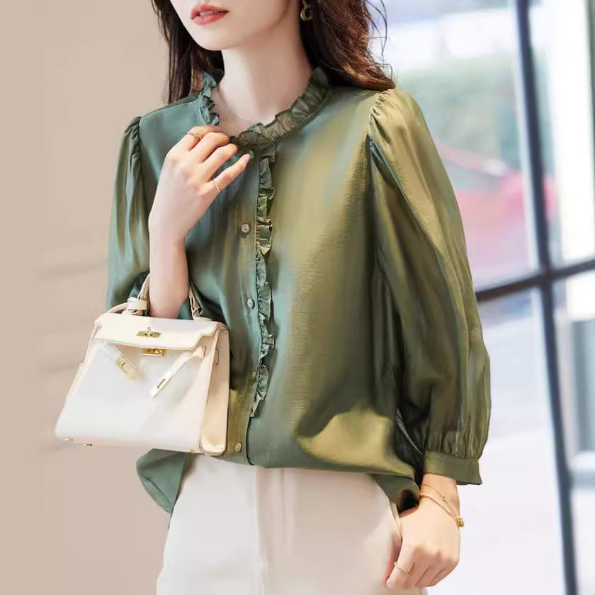 Nine-quarter Sleeve Shirt Women’s Puff Sleeve Thin Solid Color Top