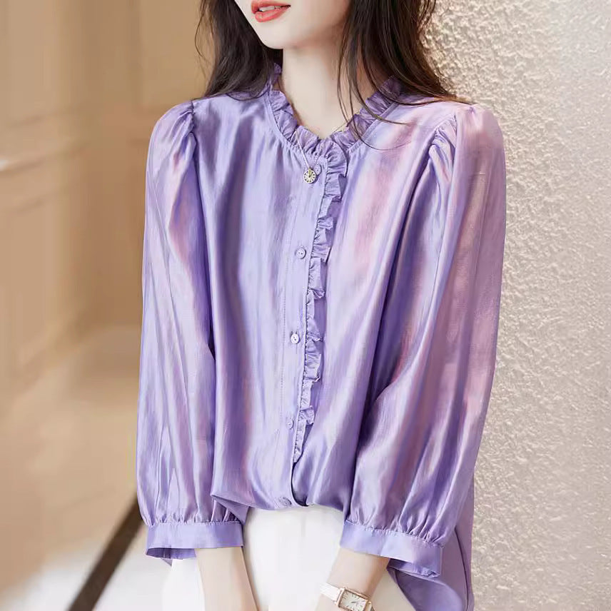 Nine-quarter Sleeve Shirt Women’s Puff Sleeve Thin Solid Color Top