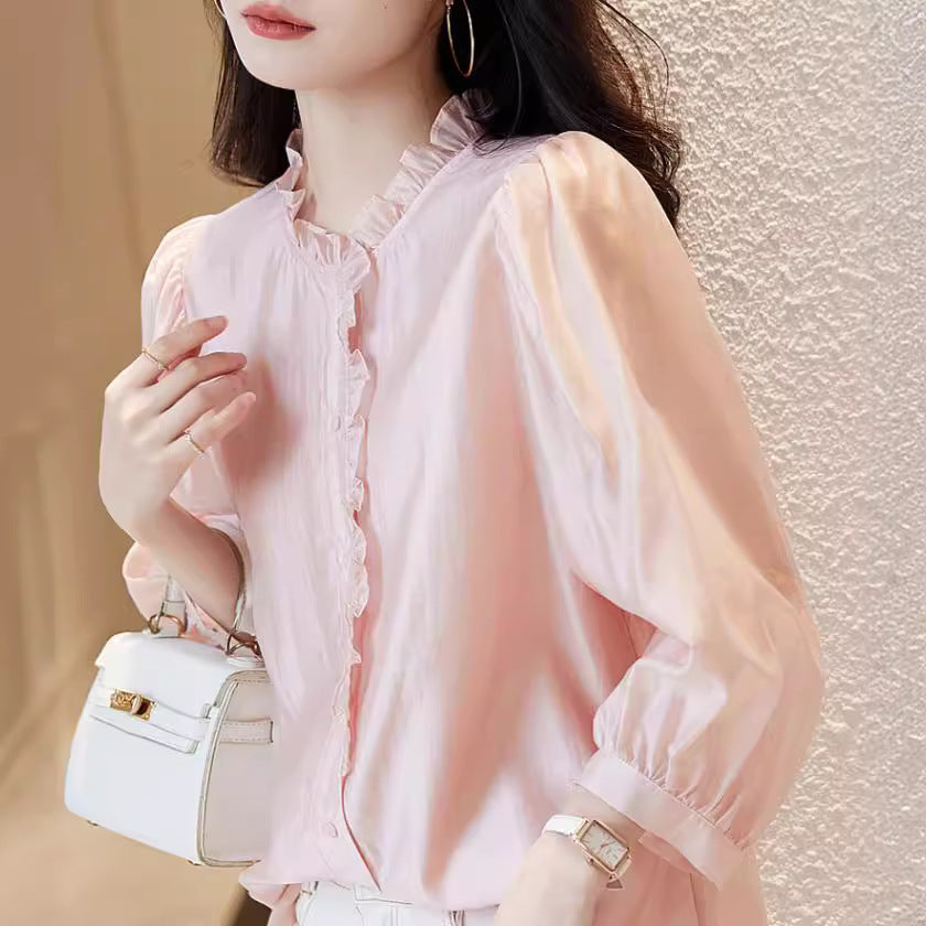 Nine-quarter Sleeve Shirt Women’s Puff Sleeve Thin Solid Color Top