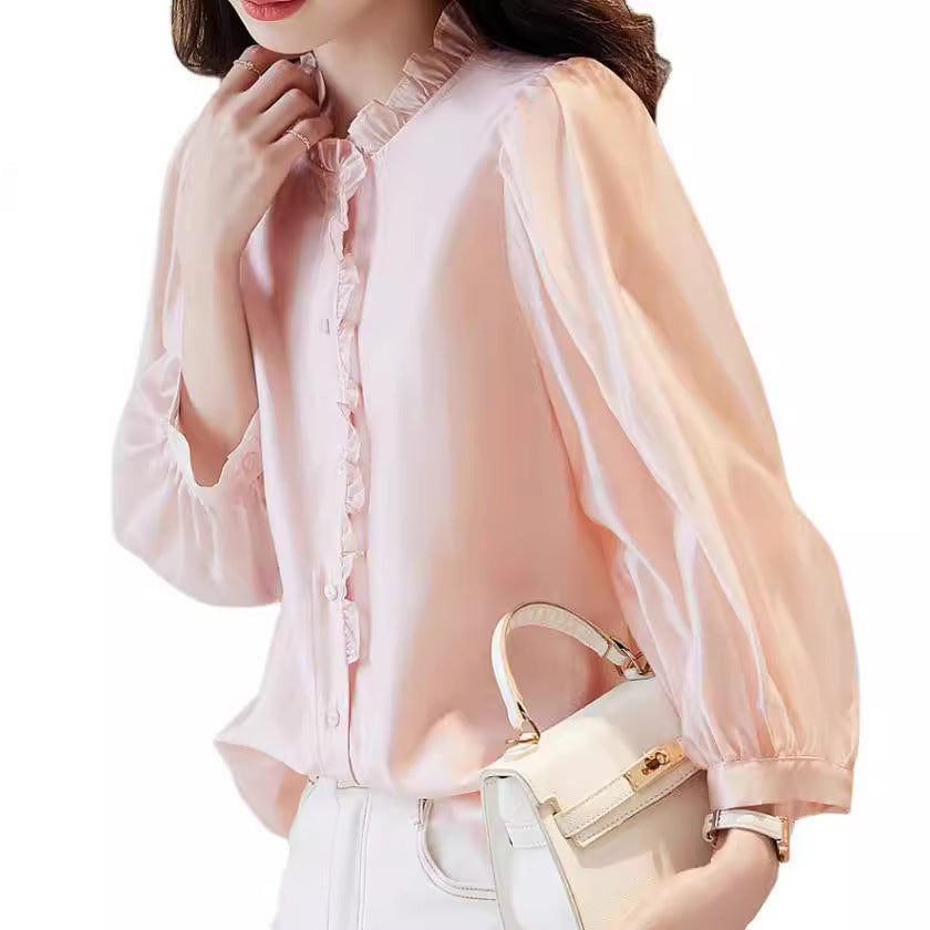 Nine-quarter Sleeve Shirt Women’s Puff Sleeve Thin Solid Color Top