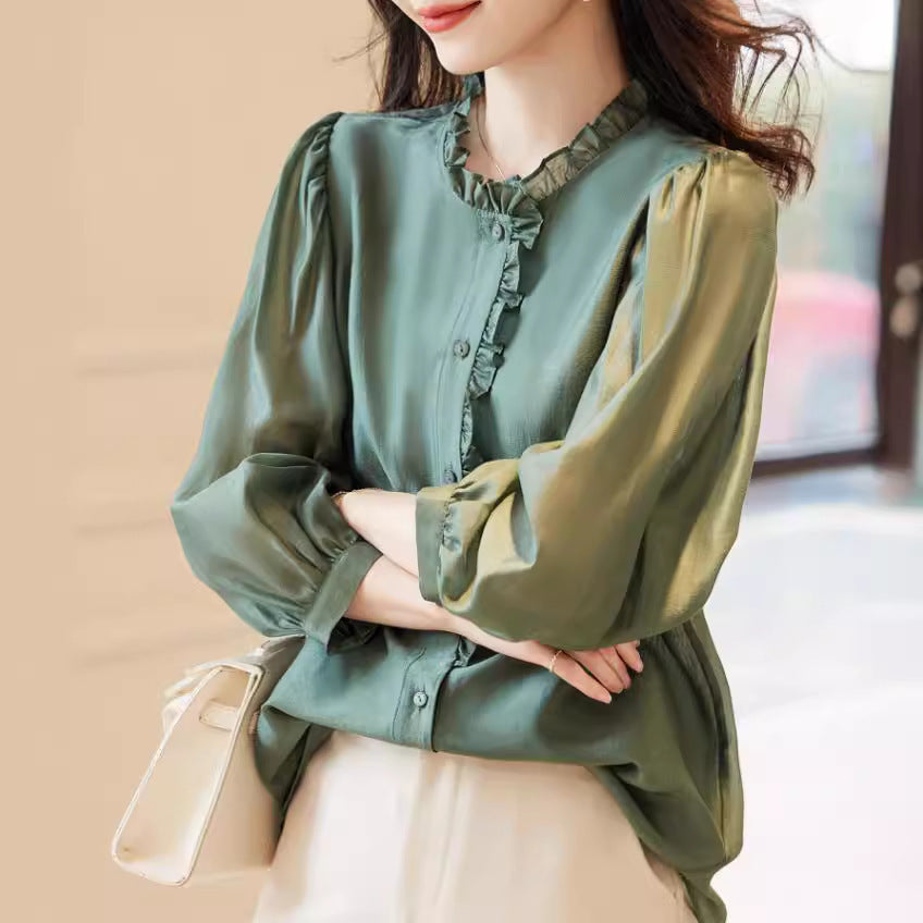 Nine-quarter Sleeve Shirt Women’s Puff Sleeve Thin Solid Color Top