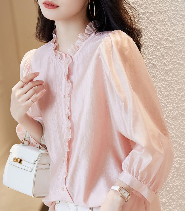 Nine-quarter Sleeve Shirt Women’s Puff Sleeve Thin Solid Color Top - Pink / S